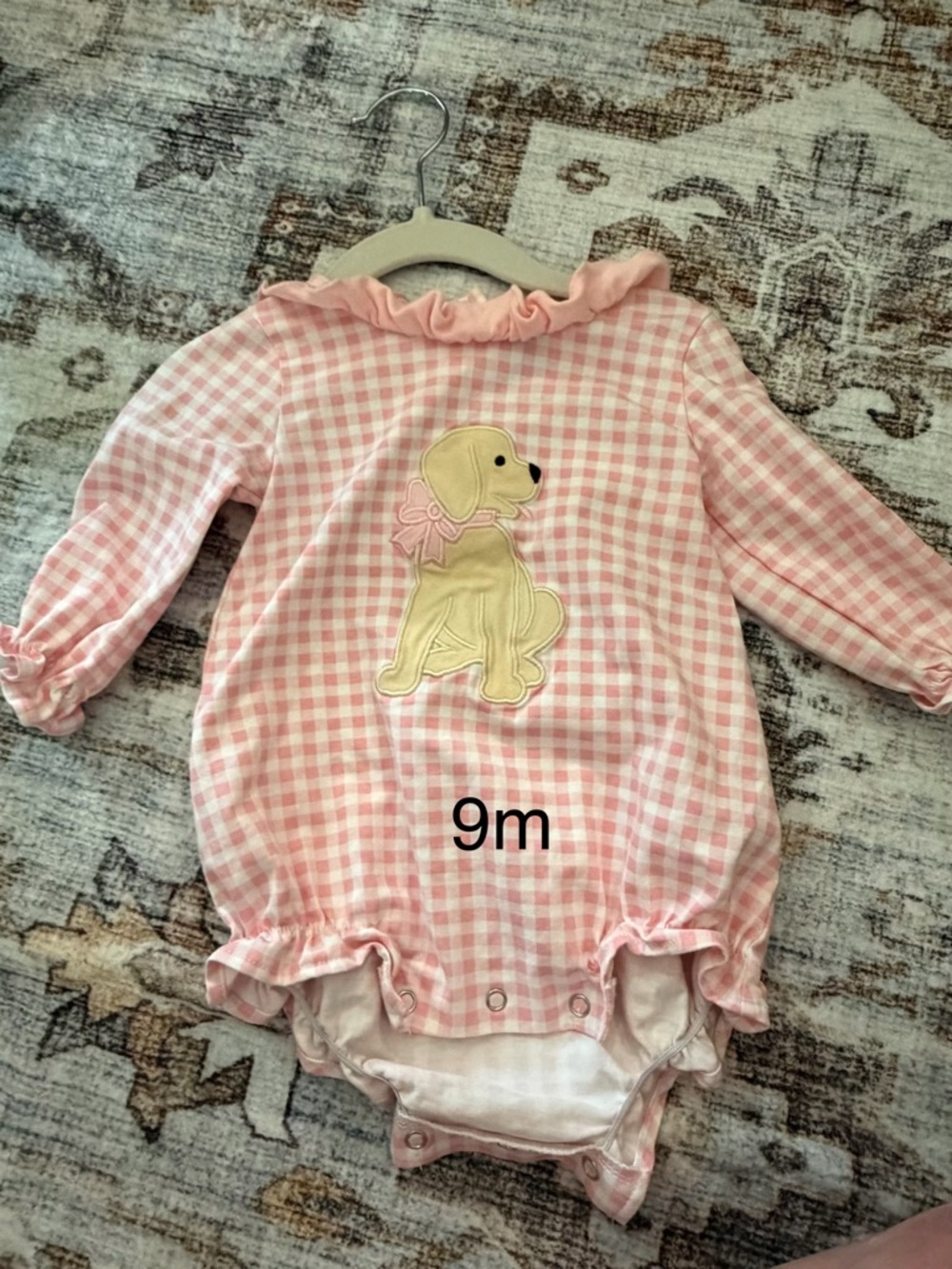 Pink Gingham Baby Romper with Puppy Applique